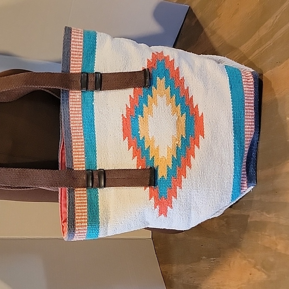 Colorful Geometric Tote Bag with Brown Handles